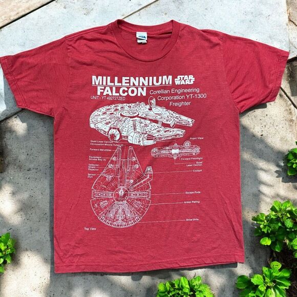 Star Wars Y2K Millennium Falcon Blueprint Red White Cotton T-Shirt Men's Size L - Picture 1 of 8